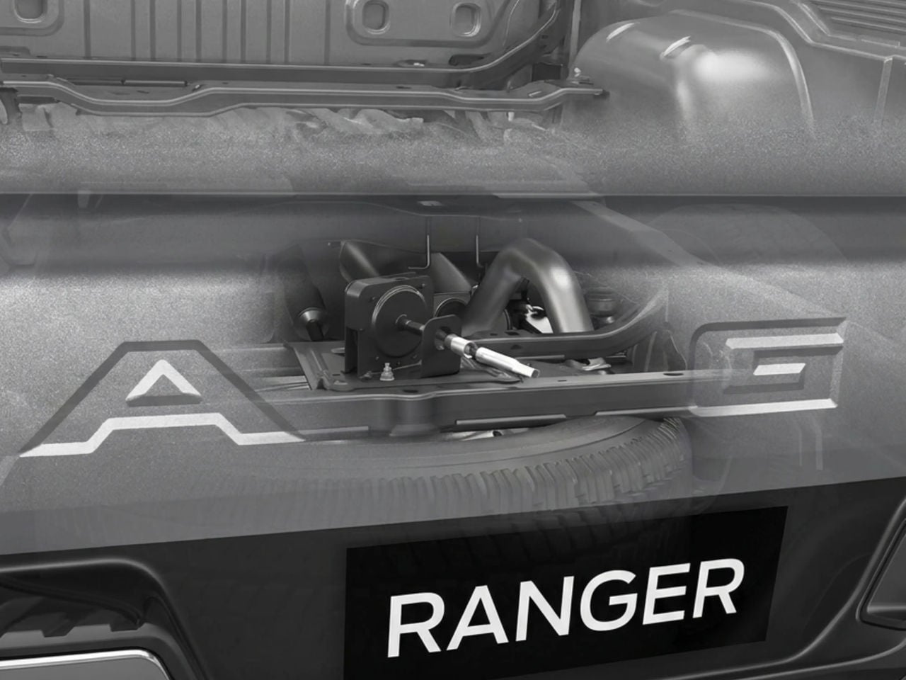Mecanismo de seguridad metálico fijado a la rueda de repuesto de una Ford Ranger
