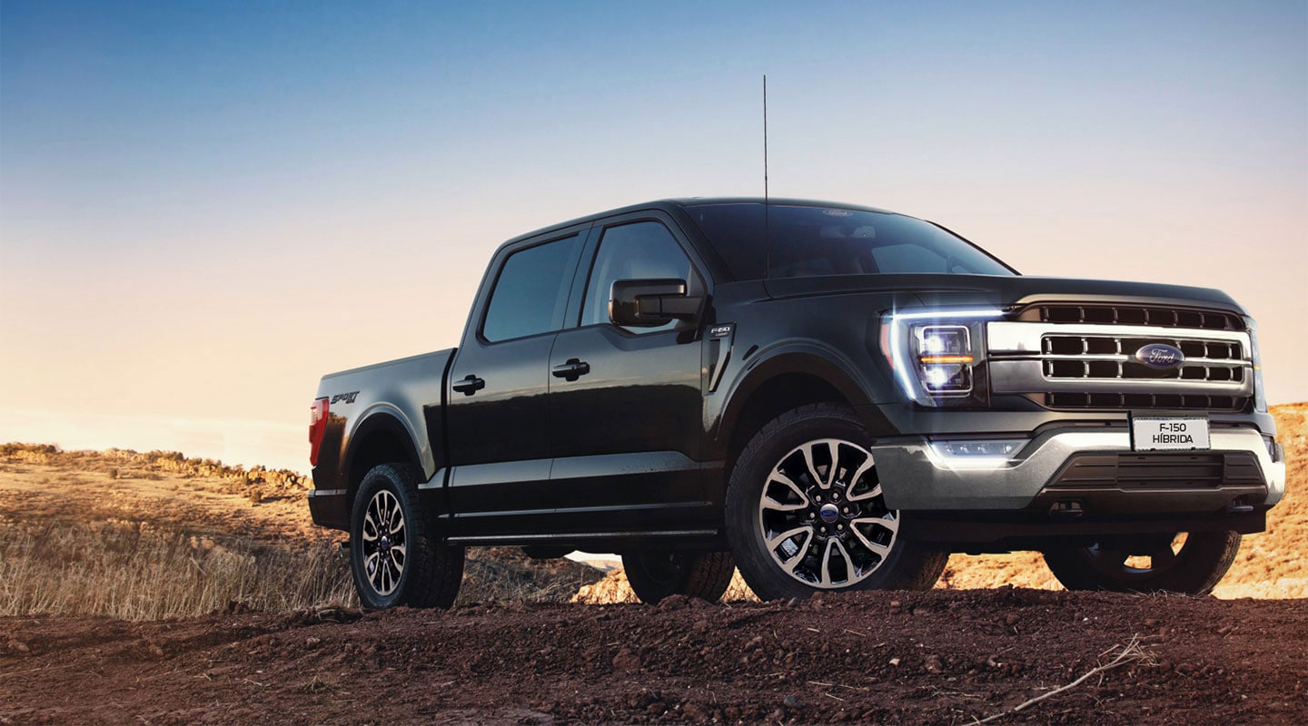 Una Ford F-150 de color negro en vista dinámica y con un paisaje árido como fondo