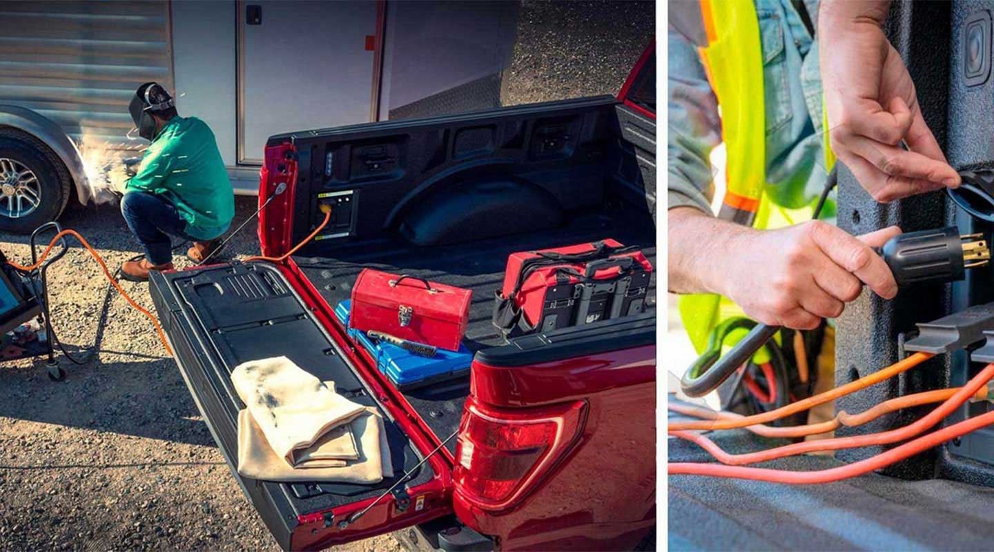 Un hombre se encuentra soldando al lado de su Ford F-150, usando los diversos conectores ubicados en la batea para conectar una planta de soldar
