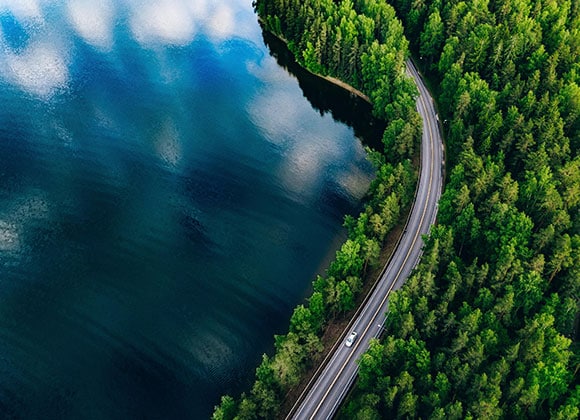 Imagen de una carretera en el bosque junto a un lago